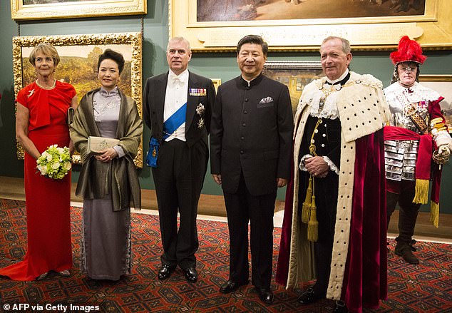 Prince Andrew at the Guildhall in central London with Xi Jinping and the Mayor of London before attending a banquet on October 21, 2015.