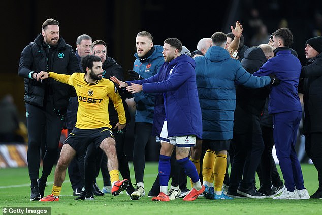 Wolves left back Rayan Ait-Nouri (gold jersey) received a red card after the match.