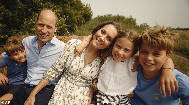 The Princess of Wales and Prince William with their children Prince George, right, Princess Charlotte and Prince Louis, left, as shown in Kate's cancer recovery video in September.