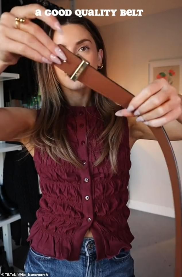 People are ditching luxury items in favor of everyday essentials on their Christmas wish lists (Pictured: Lauren Sarah, 25, says a 'good quality belt' is ideal for lists Christmas)