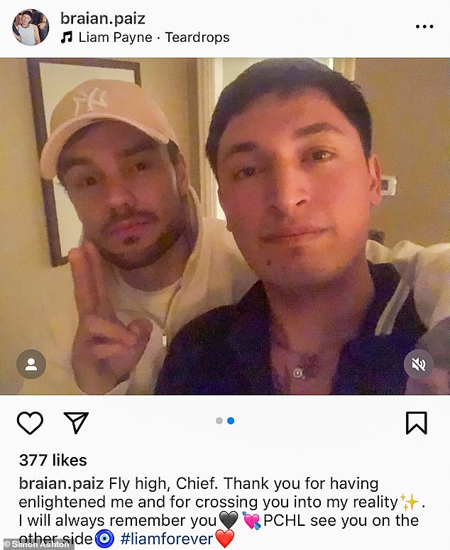 An Instagram post from 24-year-old Braian Nahuel Paiz, standing next to the late Liam Payne before he fell in Buenos Aires, Argentina. The message reads: “Fly high, chief. Thank you for enlightening me and entering my reality. I will always remember you'