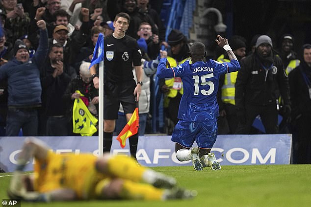 Jackson ran out to celebrate in front of the fans after scoring Chelsea's second goal.