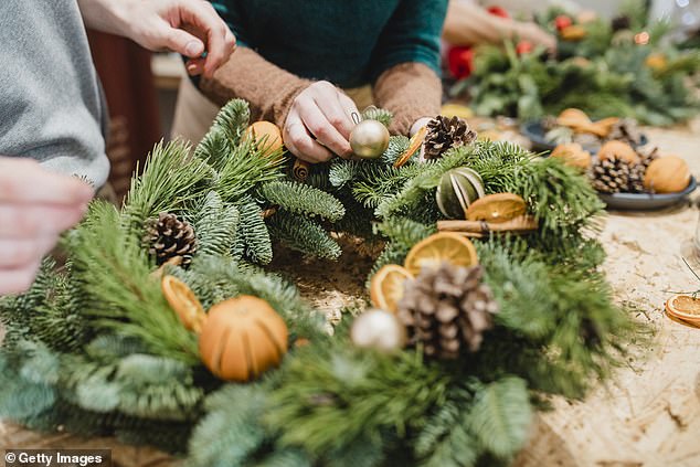 Create your own wreath by bending flexible twigs such as hazel or willow into a ring secured with twine or fine wire, then weave in cuttings of conifers and other evergreen foliage, as well as dried hydrangea heads.