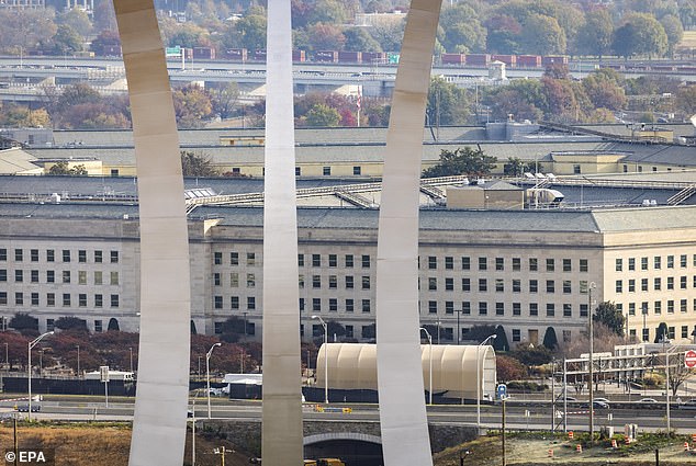 The Pentagon behind the United States Air Force Memorial in Arlington, Virginia