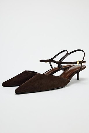 Zara brown suede ankle strap kitten heels (£49.99, Zara.com).