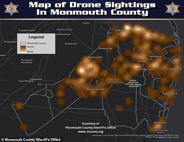 Officials in Monmouth County, where residents reported 63 sightings over the period, shared a heat map showing where the unmanned aircraft appears to be circulating