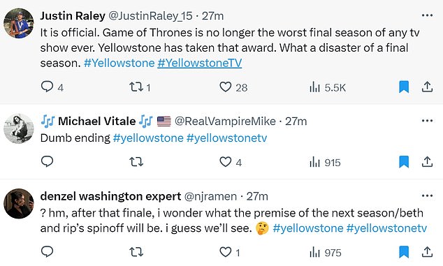 '@JustinRaley_15 said: 'It's official. Game of Thrones is no longer the worst final season of any television show. Yellowstone has taken that award. What a disaster of a last season. #Yellowstone #YellowstoneTV.'