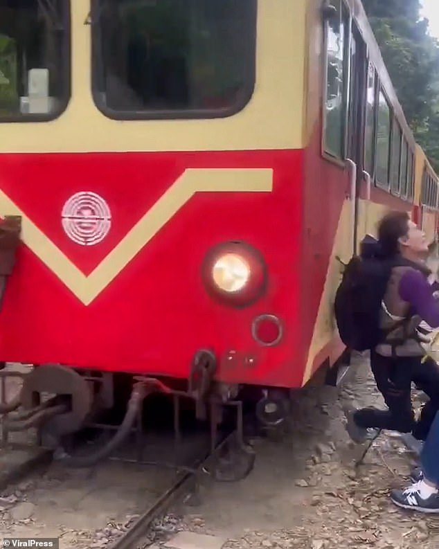 The force of the train throws Lui to the ground. The tourist had been visiting the slopes with a tour group in Chiayi, Taiwan.