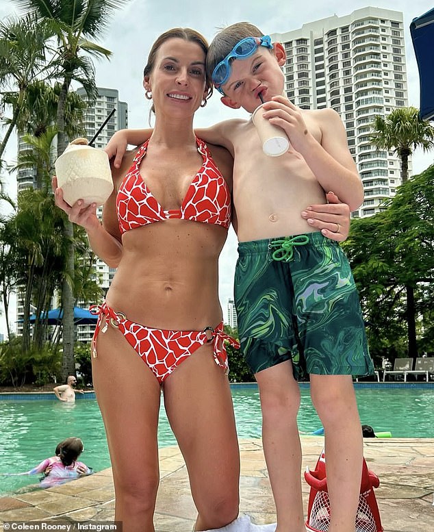 It comes after Coleen showed off the results of those jungle squats as she showed off her impressive abs in a red floral bikini with her youngest son Cass at the Palazzo Versace Hotel.