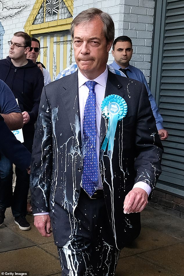 In 2019, Farage was hit with a banana milkshake while beating the Brexit Party drum.