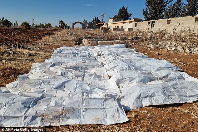 Body bags lie in a field after a mass grave was discovered on agricultural land in Izra, in Syria's southern Daraa province, on December 16, 2024.