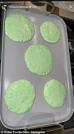 In the stories, son Tatum is making pancake mix.