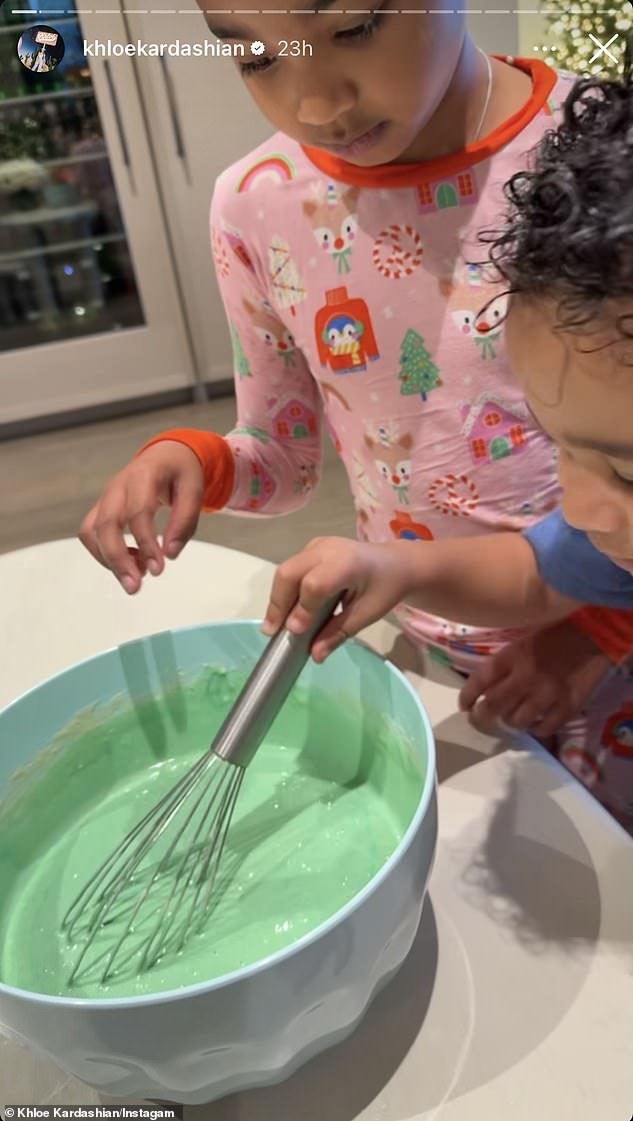 In the stories, her son Tatum is mixing pancake mix in a bowl and Khloé asks him what he's doing.