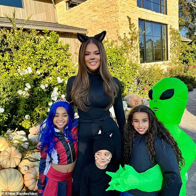 Khloé seen with her children True and Tatum, as well as her niece Dream (right) during Halloween