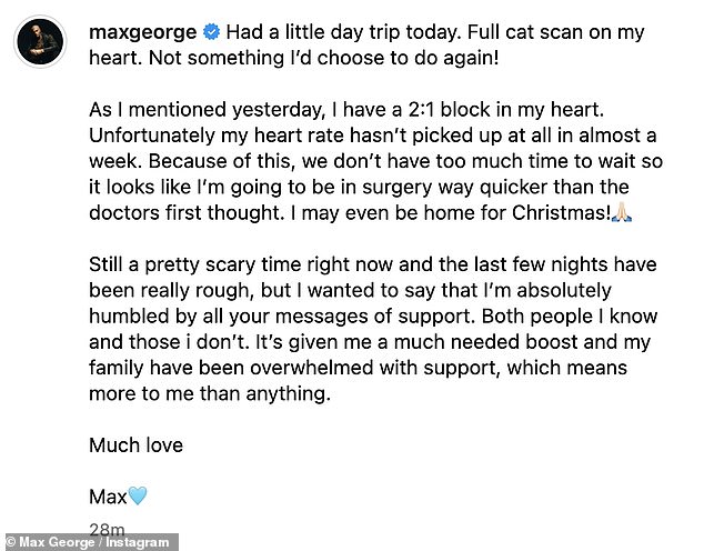 He wrote: “Today I went on a little day trip. Complete scan of my heart. Not something I would choose to do again!... Unfortunately, my heart rate hasn't increased in almost a week.