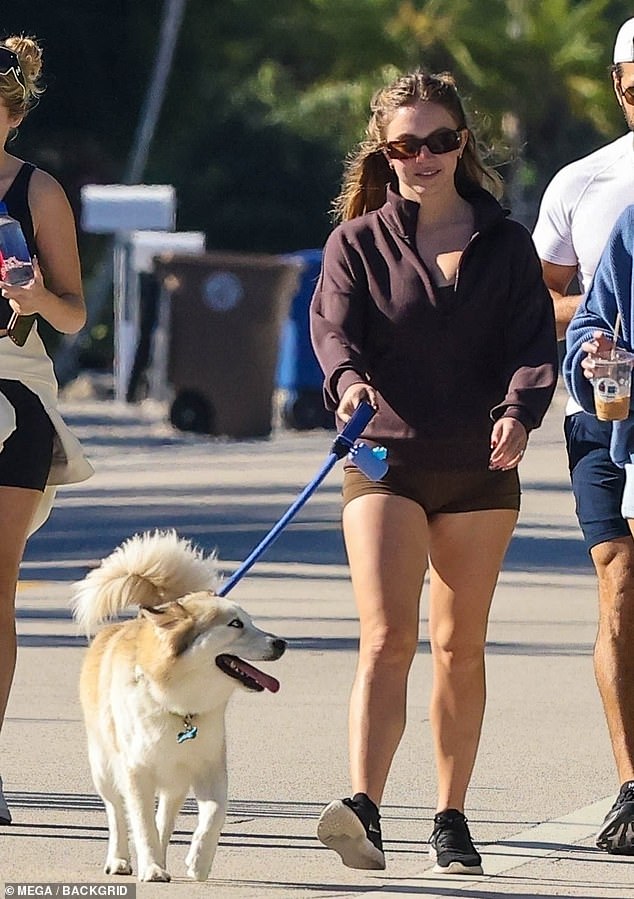 Sydney wore large sunglasses, a brown jumper and matching tiny shorts with black sneakers for their sunny group outing.