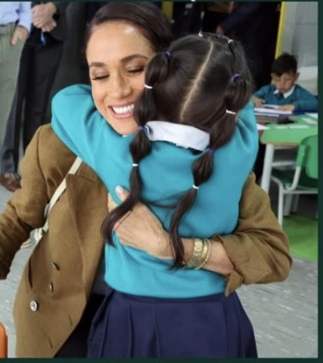 A photo of the Duchess of Sussex, Meghan, during a visit to a children's school in Colombia