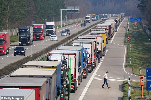 Queue of trucks at the German-Polish border