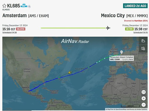 A flight tracker shows the path of the KLM flight that had to make an unscheduled landing in Bermuda