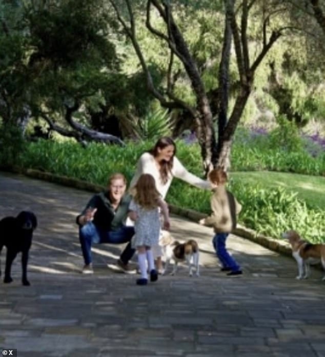 The final photo of the Sussexes showed Princess Lilibet, now three, running into her father's arms, while her brother Prince Archie, five, headed straight for Meghan.