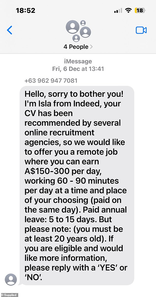 Isla's text from 'Indeed.com' (pictured) seemed legitimate to Ms Peters as she had just updated her work profile on the platform to say she was looking for work from home to supplement her income .