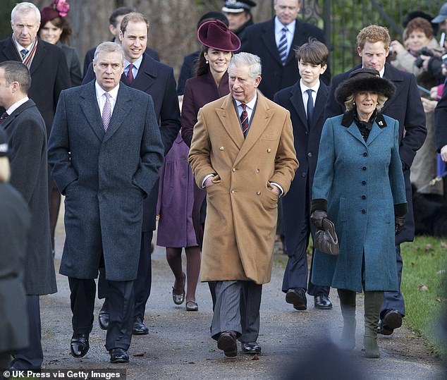 The King and Queen stand with Andrew as the family, including William and Kate, attend church on Christmas Day.