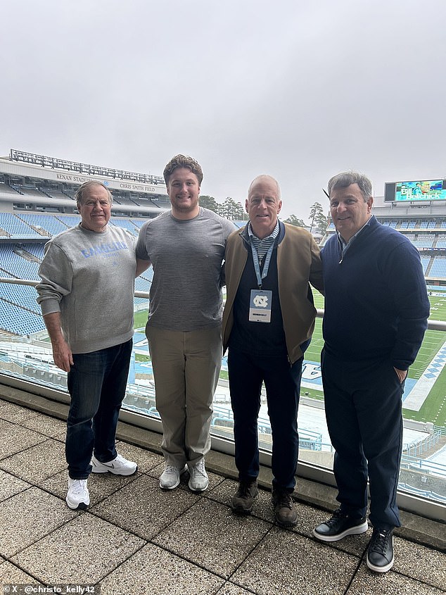 Belichick secured his first shot at the transfer portal on Monday when former Holy Cross offensive lineman Christo Kelly (second from left) committed to UNC.