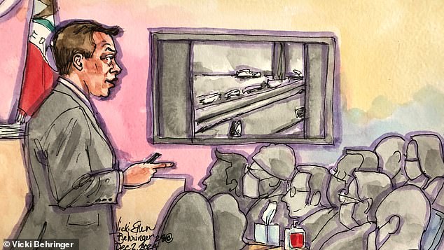 Assistant District Attorney Dane Reinstedt is seen in this courtroom sketch that features harrowing video of Bob Lee's final moments as he lay dying outside an apartment building