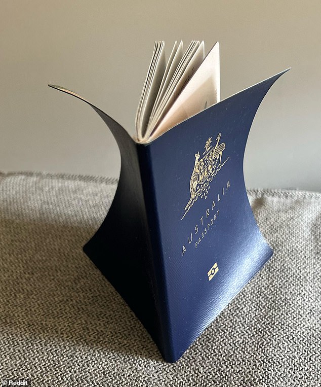 The new R-series Australian passport is thinner than previous ones and folds outwards (new passport is pictured)