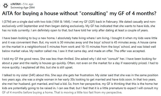 The anonymous man took to Reddit to explain that his 32-year-old girlfriend was 