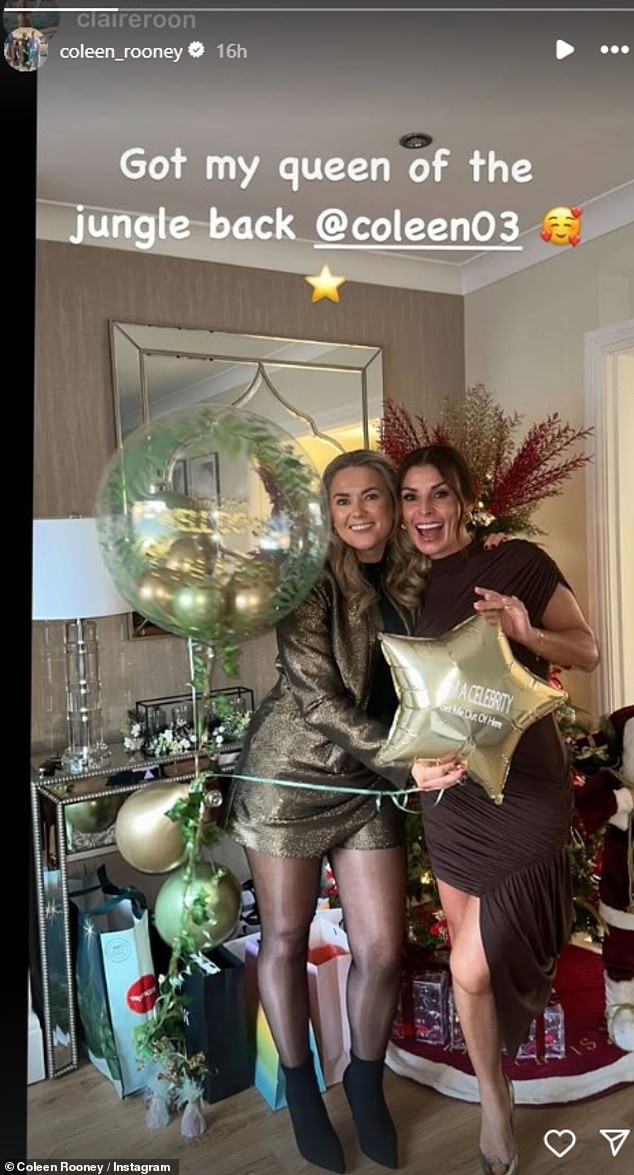 The WAG looked fresh after a boozy I'm A Celeb welcome home party with her friends and family on Sunday (pictured with husband Wayne's cousin Claire).