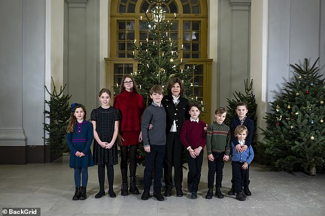 Queen Silvia is accompanied by her eight grandchildren in a festive snap, with the group posing in front of a beautifully decorated Christmas tree.