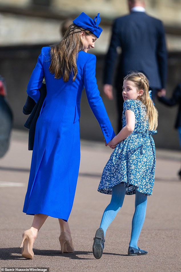 In more recent years, the mid-Wales girl has added a sophisticated touch to her beloved look, adding dark blue tights and Mary Janes when she attended the Easter Sunday service with her mother Kate in 2023.