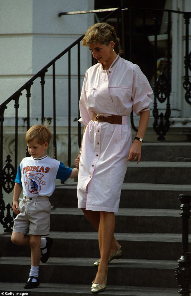 Prince Harry wears a Thomas the Tank Engine T-shirt as he leaves kindergarten with his mother, the late Princess Diana, in June 1989.