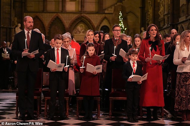 The Prince of Wales, Prince George, Princess Charlotte, Prince Louis and the Princess of Wales during the Together At Carol Service