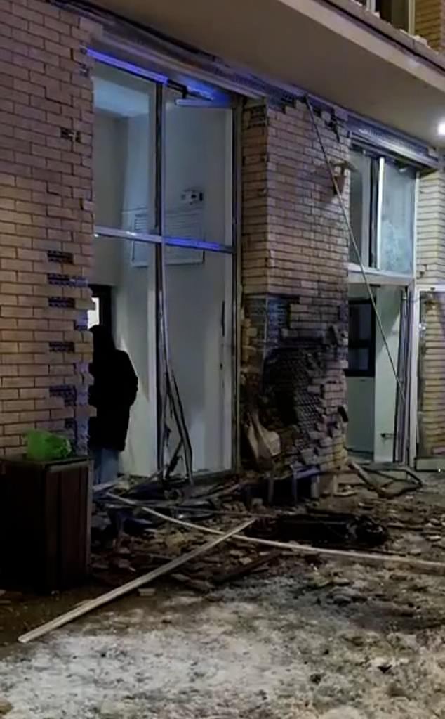 The explosion tore through the entrance to the apartment and damaged the facade of the building.