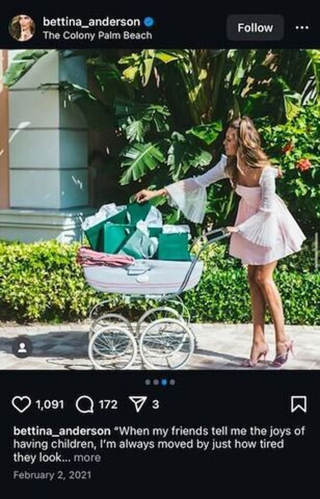 Anderson, a 38-year-old socialite and model from Palm Beach, regularly posts bragging about not having children