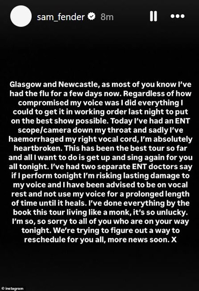 But he has now posted an update to fans saying that he has been forced to cancel his next two dates due to health reasons.