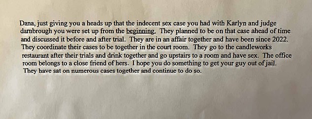 A venomously written damning letter submitted as part of an appeal alleging sordid sexual sessions between the judge and the youngest prosecutor whose cases he oversaw.