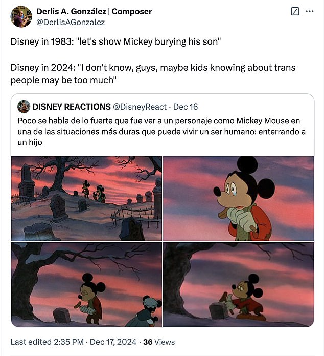 Some fans also took a lighter approach to their criticism. One person included stills from the 1983 Mickey's Christmas Carol short film to illustrate the brand's changing priorities.