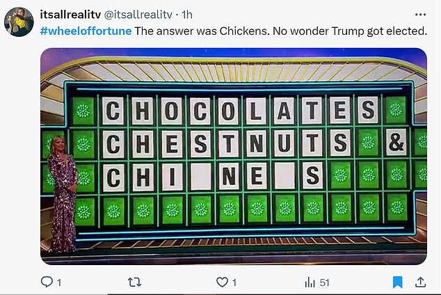 @itsallrealitv got a little political and tweeted: '#wheeloffortune The answer was chickens. No wonder Trump got elected.”