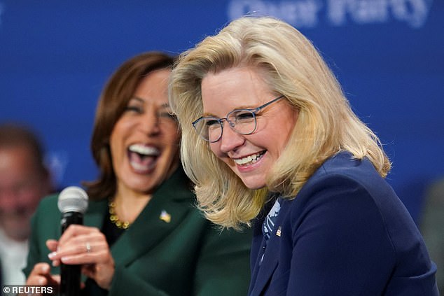 U.S. Vice President Kamala Harris and former U.S. Representative Liz Cheney (R-WY) respond during a call moderated by Charlie Sykes in Brookfield, Wisconsin, U.S., October 21, 2024