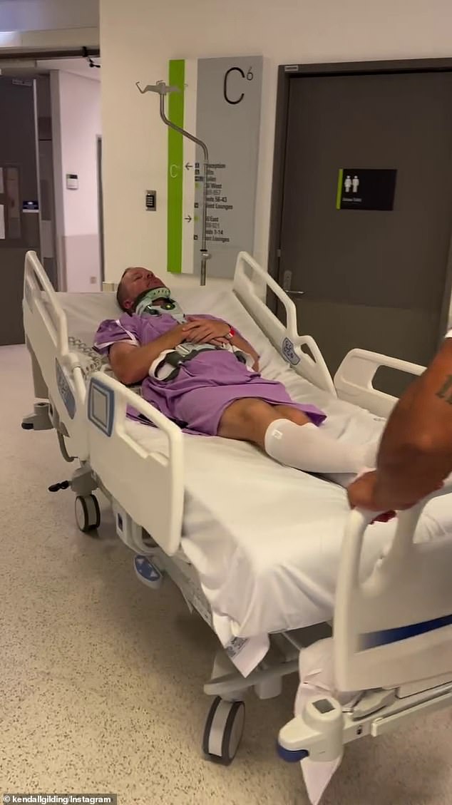 The former Channel Seven star, 32, revealed on Tuesday that Tim (pictured in hospital) was seriously injured after being thrown by a wave at Burleigh Beach in Queensland.