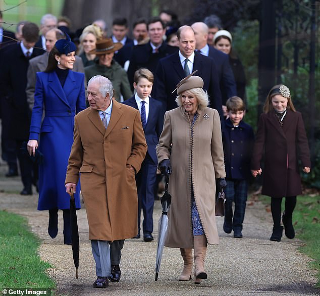 King Charles and Queen Camilla are seen leading the family during a church service on Christmas Day last year in Sandringham, Norfolk.