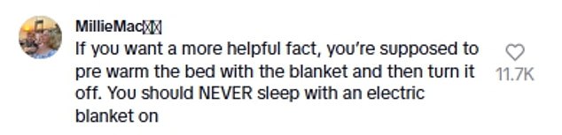 Users flooded the comments section of the reposted video with their thoughts, with many pointing out the dangers of sleeping with a heated blanket on