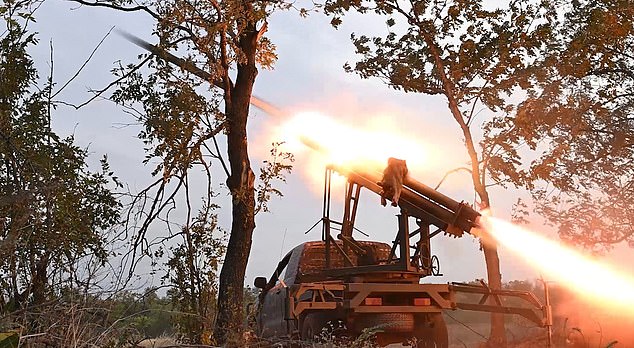 Everyone disperses from the launcher as a soldier shouts to the unit commander that the rockets were ready to go. Shortly afterwards, they can be seen firing at high speed towards a concentration of nearby Russian troops and vehicles, which were preparing to advance on the city.