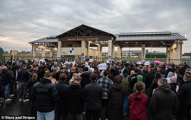 Hundreds of people protested outside Spangdahlem air base in Germany after an American airman was acquitted of murder.