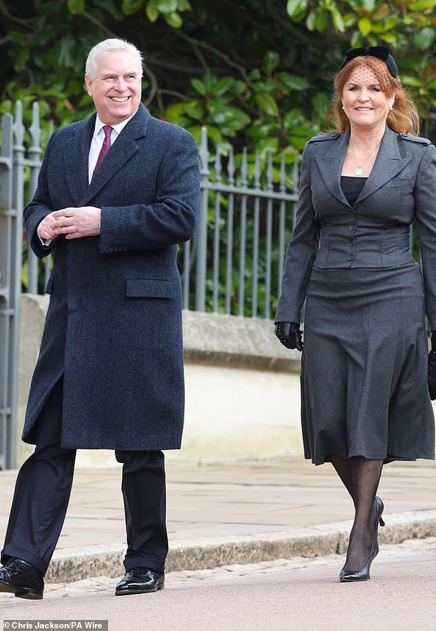 Prince Andrew and Sarah, Duchess of York attend a service of thanksgiving for the life of King Constantine of the Hellenes at St George's Chapel at Windsor Castle on February 27, 2024.