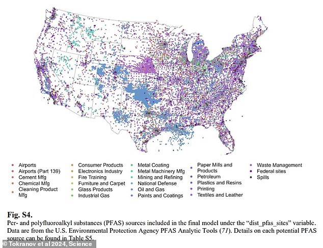 A 2024 study mapped out the different potential sources of several different types of PFAS chemicals from manufacturing facilities. Each dot of a different color corresponds to a different type of potential industry.