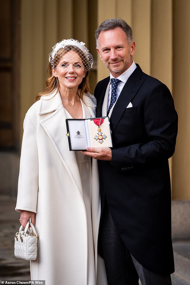 Red Bull team principal Christian Horner, 51, was appointed Commander of the Order of the British Empire (CBE) (pictured with wife Geri)